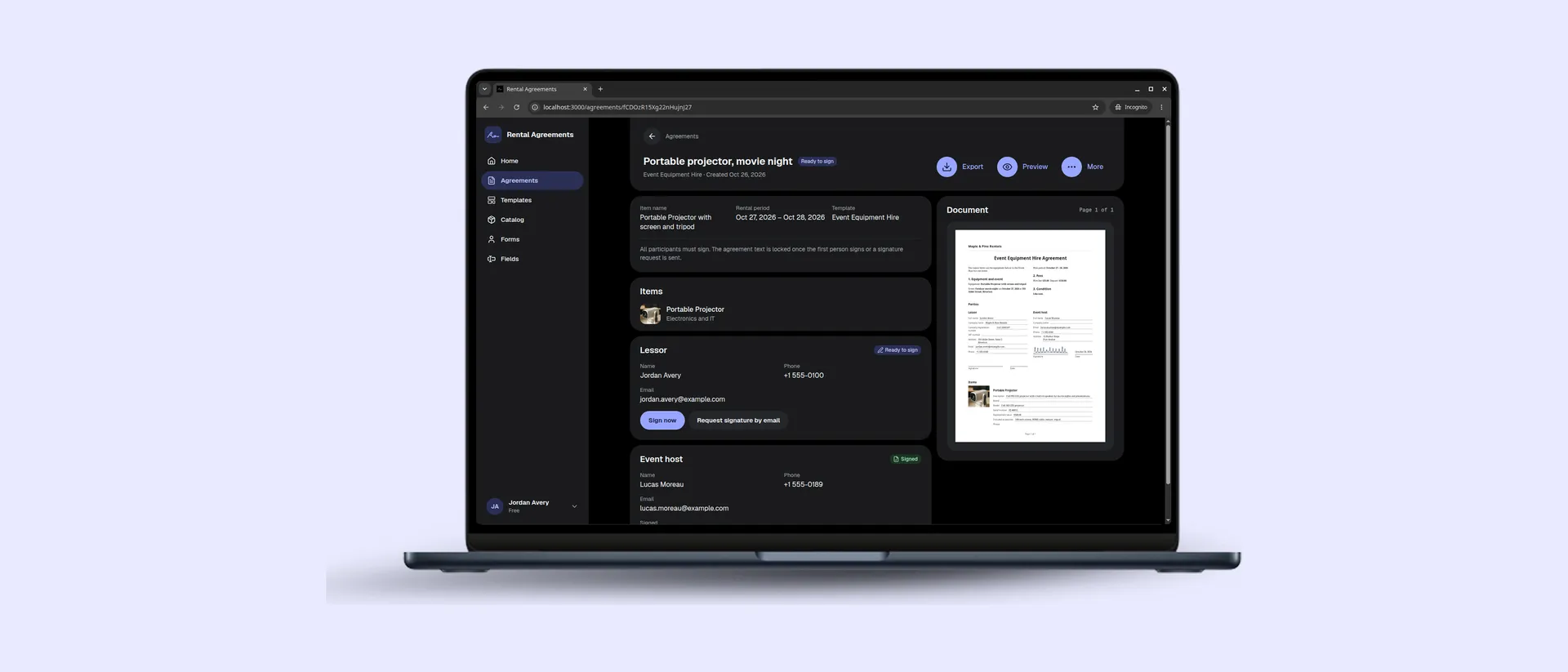 Rental Agreements web app in a browser on a laptop, showing an agreement with its document preview