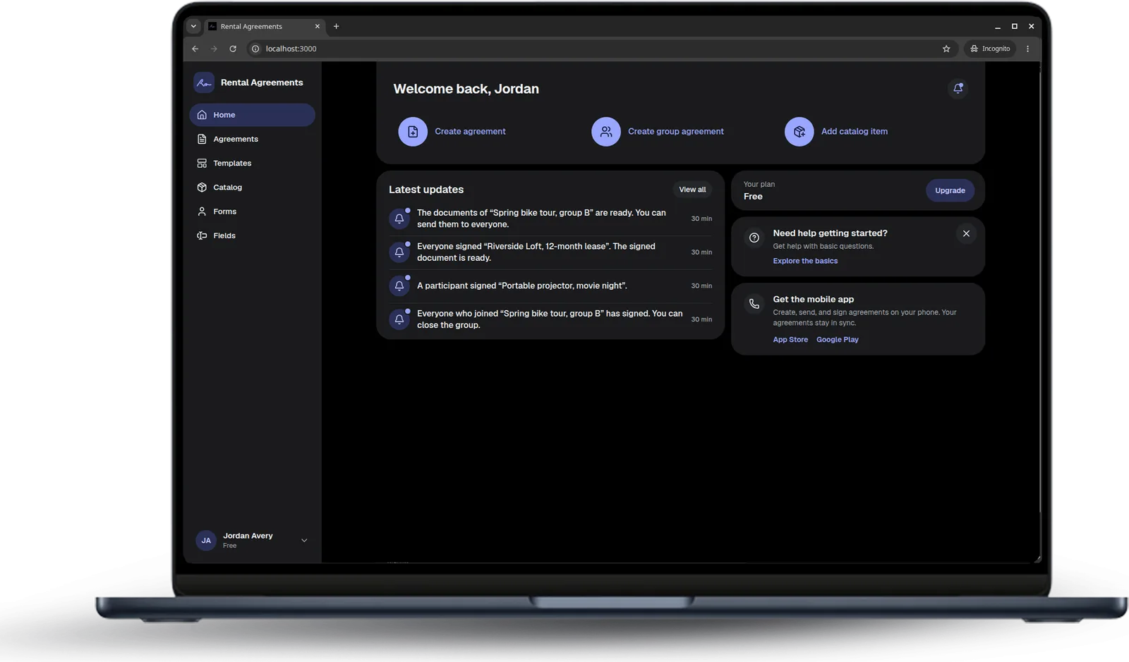 The web app’s Home screen with quick actions and latest updates