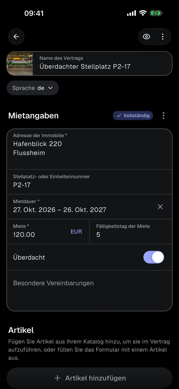 Formular mit den Mietangaben