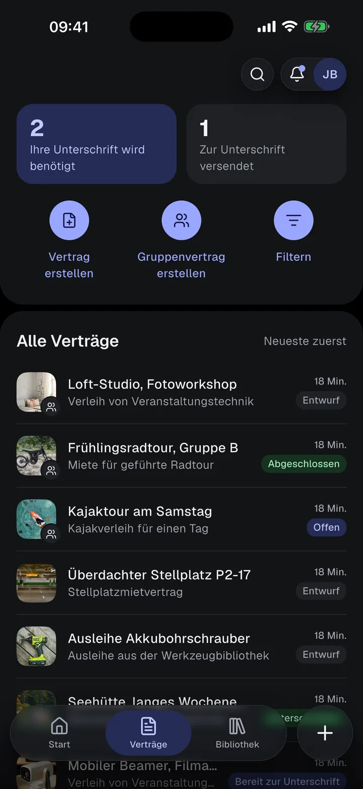 Die Vertragsliste mit Status wie Entwurf, Offen, Abgeschlossen und Unterschrieben