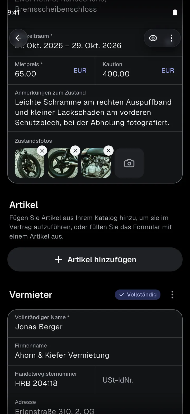 Das Feld Zustandsfotos der App mit drei Fotos eines Motorrads, in einem Vertragsentwurf