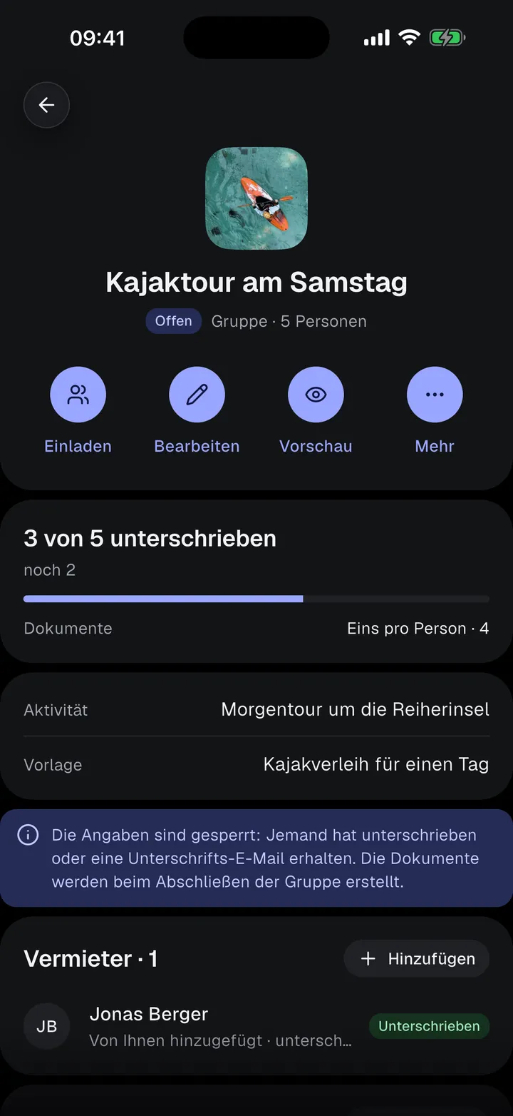 Fortschritt der Gruppe: 3 von 5 haben unterschrieben