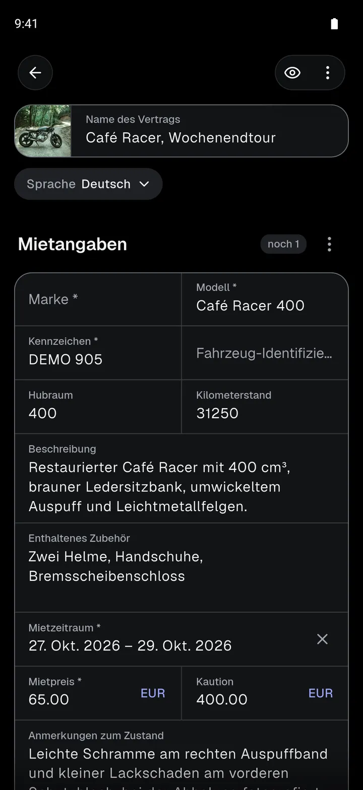 Ein aus einer Vorlage ausgefüllter Vertrag mit den Mietangaben