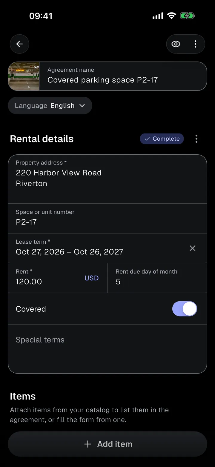 Rental details form