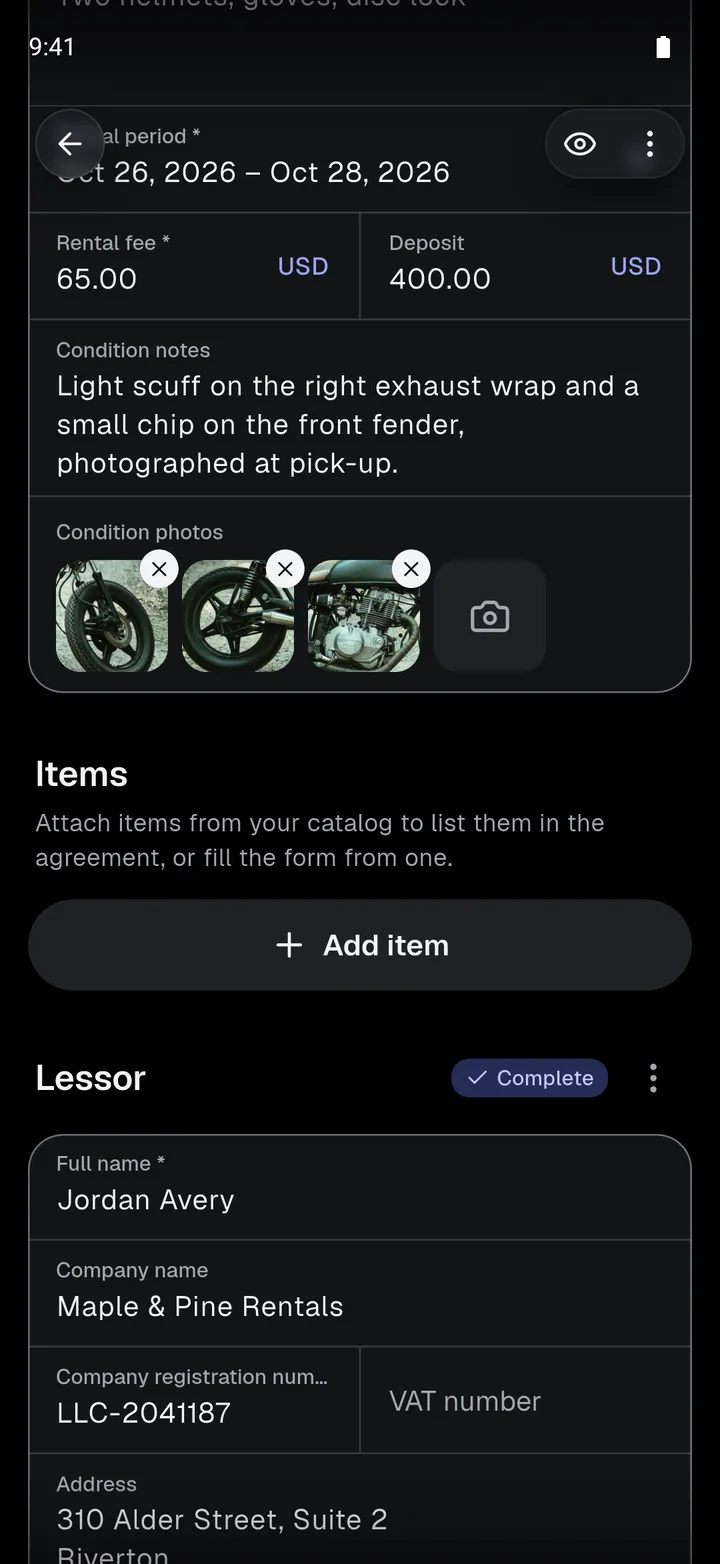 The app’s Condition photos field with three photos of a motorbike, in a rental agreement draft