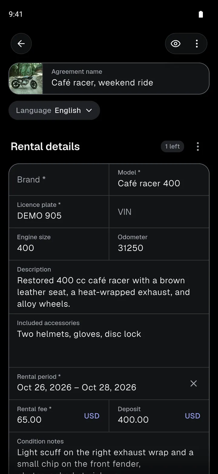 A motorcycle rental agreement on the phone, with the licence plate, engine size, odometer, and accessories filled in