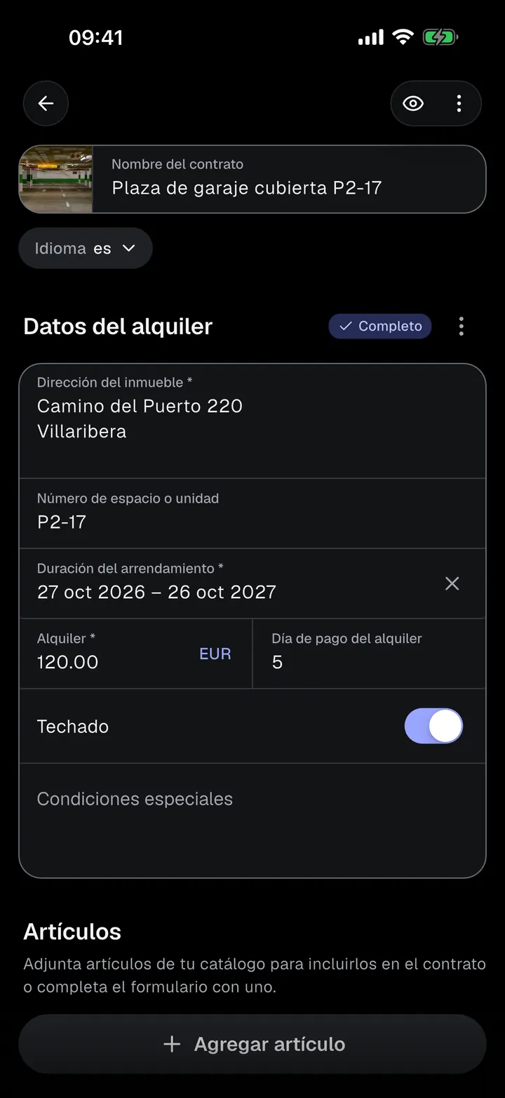Formulario con los datos del alquiler
