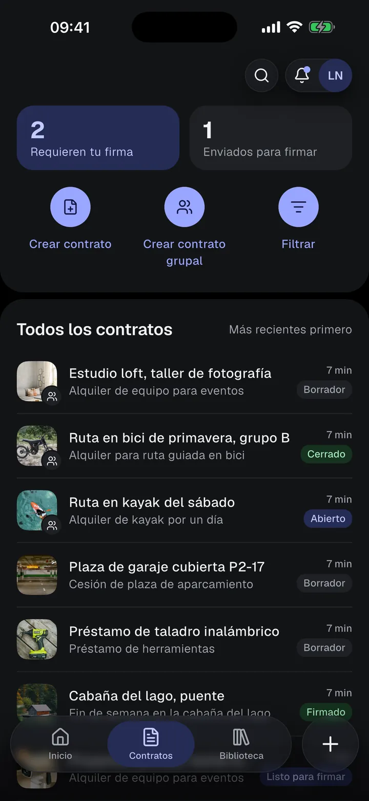 La lista de contratos con estados como Borrador, Abierto, Cerrado y Firmado