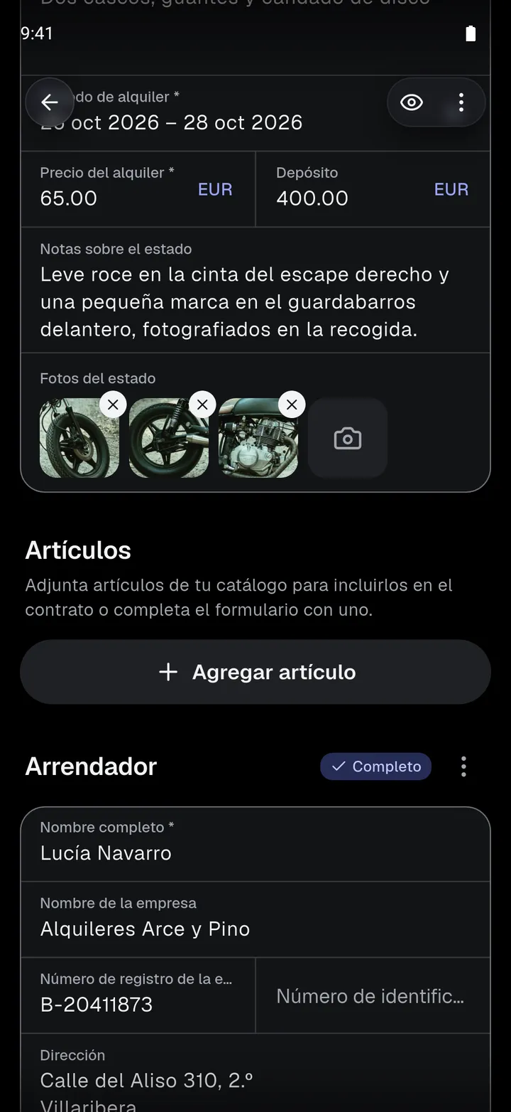 El campo Fotos del estado de la app con tres fotos de una moto, en un borrador de contrato