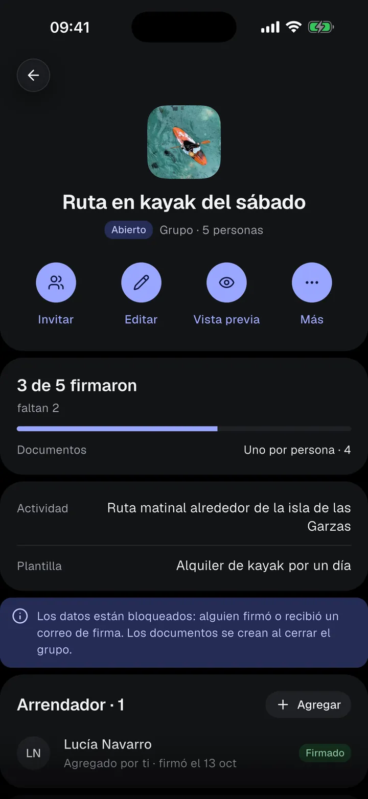 Progreso del grupo: 3 de 5 firmaron