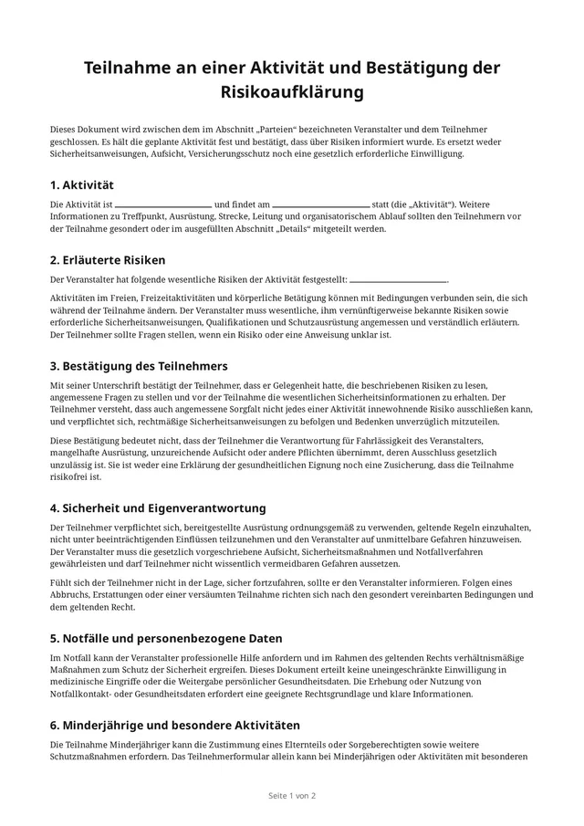 Erste Seite des leeren PDFs „Teilnahme an einer Aktivität und Bestätigung der Risikoaufklärung“