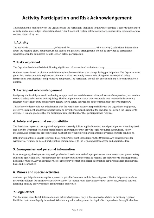 First page of the blank PDF “Activity Participation and Risk Acknowledgement”