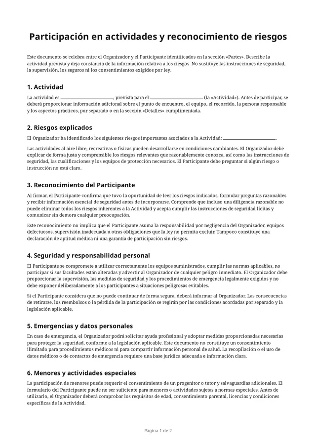 Primera página del PDF en blanco «Participación en actividades y reconocimiento de riesgos»