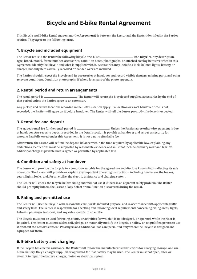 First page of the blank PDF “Bicycle and E-bike Rental Agreement”