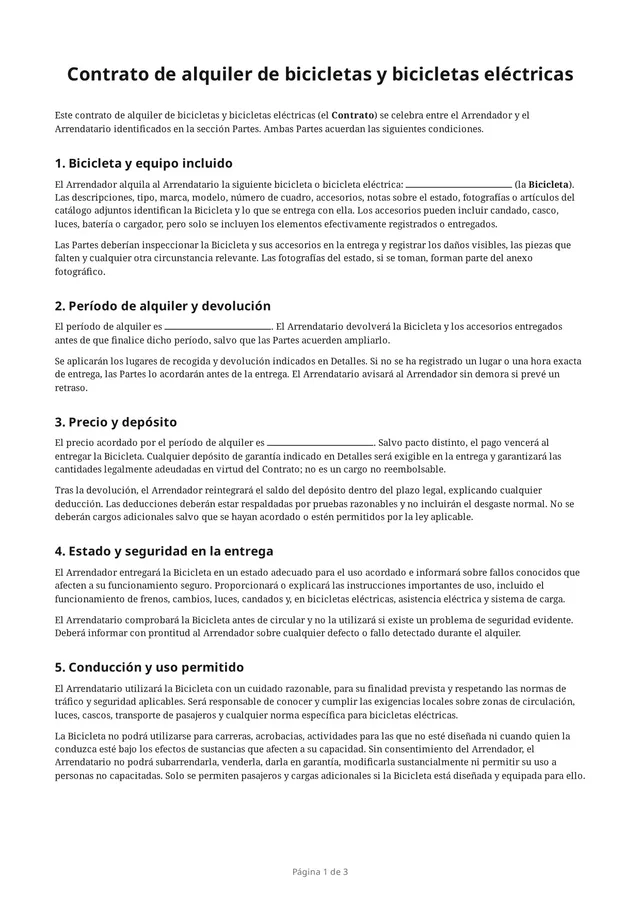 Primera página del PDF en blanco «Contrato de alquiler de bicicletas y bicicletas eléctricas»