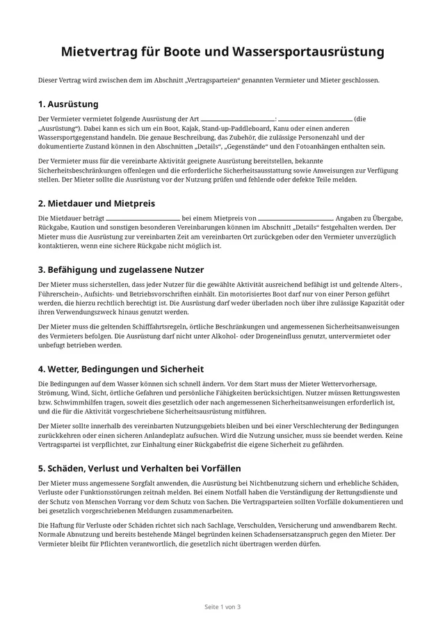 Erste Seite des leeren PDFs „Mietvertrag für Boote und Wassersportausrüstung“