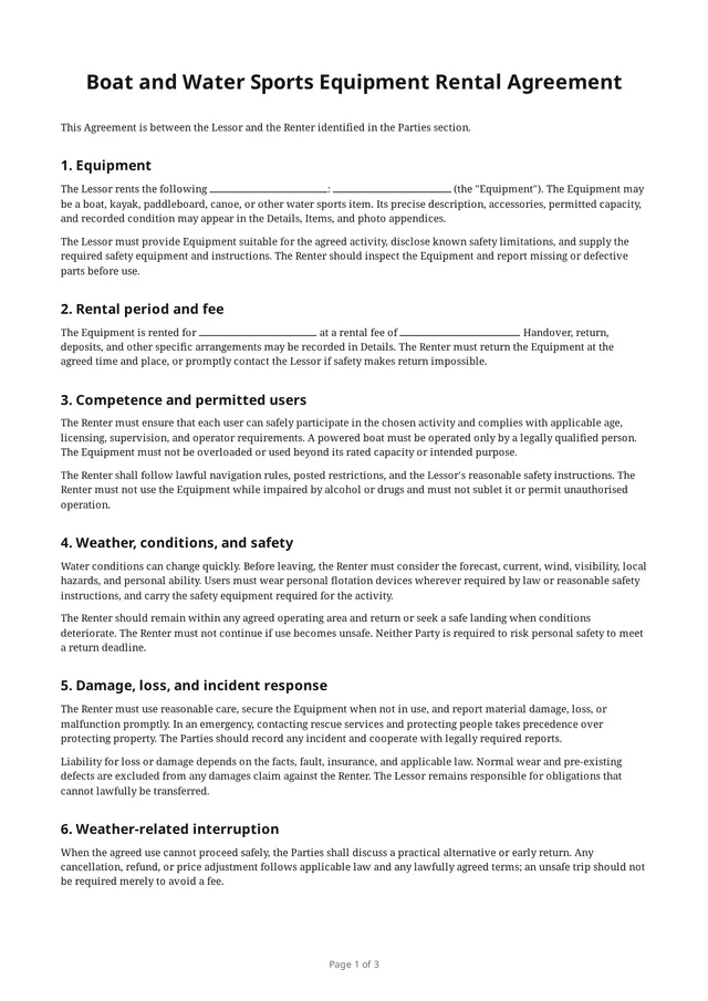 First page of the blank PDF “Boat and Water Sports Equipment Rental Agreement”