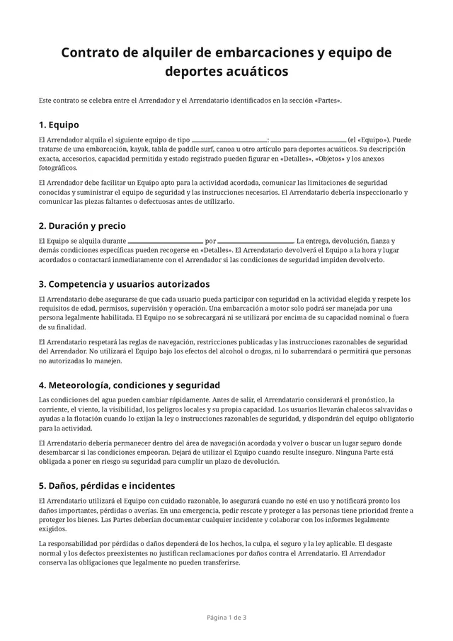 Primera página del PDF en blanco «Contrato de alquiler de embarcaciones y equipo de deportes acuáticos»