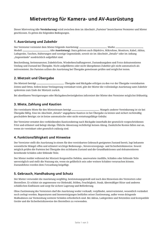 Erste Seite des leeren PDFs „Mietvertrag für Kamera- und AV-Ausrüstung“