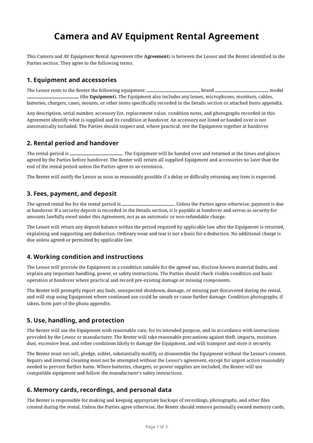 First page of the blank PDF “Camera and AV Equipment Rental Agreement”
