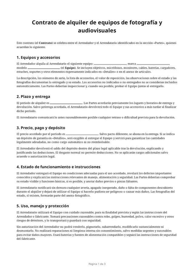 Primera página del PDF en blanco «Contrato de alquiler de equipos de fotografía y audiovisuales»