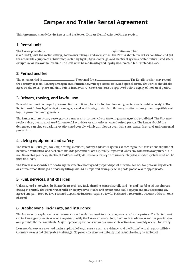 First page of the blank PDF “Camper and Trailer Rental Agreement”