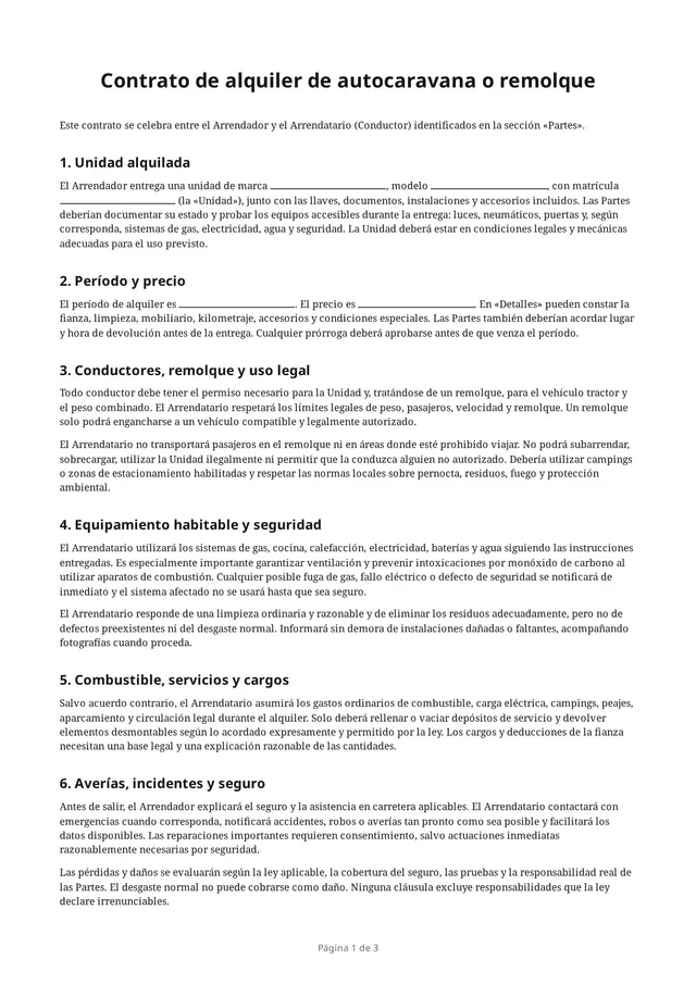 Primera página del PDF en blanco «Contrato de alquiler de autocaravana o remolque»