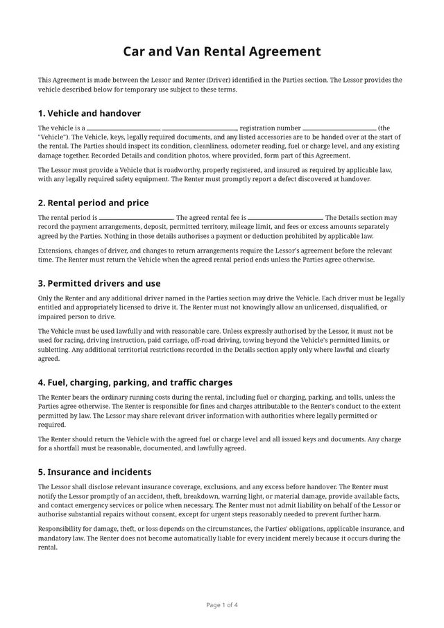 First page of the blank PDF “Car and Van Rental Agreement”