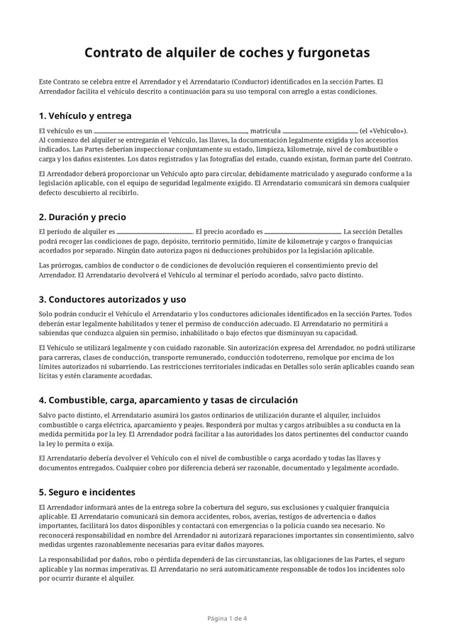 Primera página del PDF en blanco «Contrato de alquiler de coches y furgonetas»