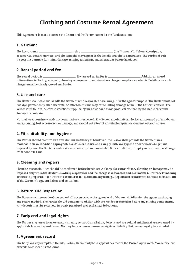 First page of the blank PDF “Clothing and Costume Rental Agreement”