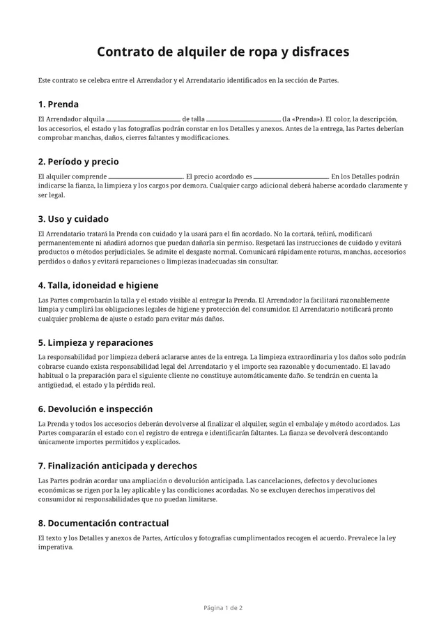 Primera página del PDF en blanco «Contrato de alquiler de ropa y disfraces»