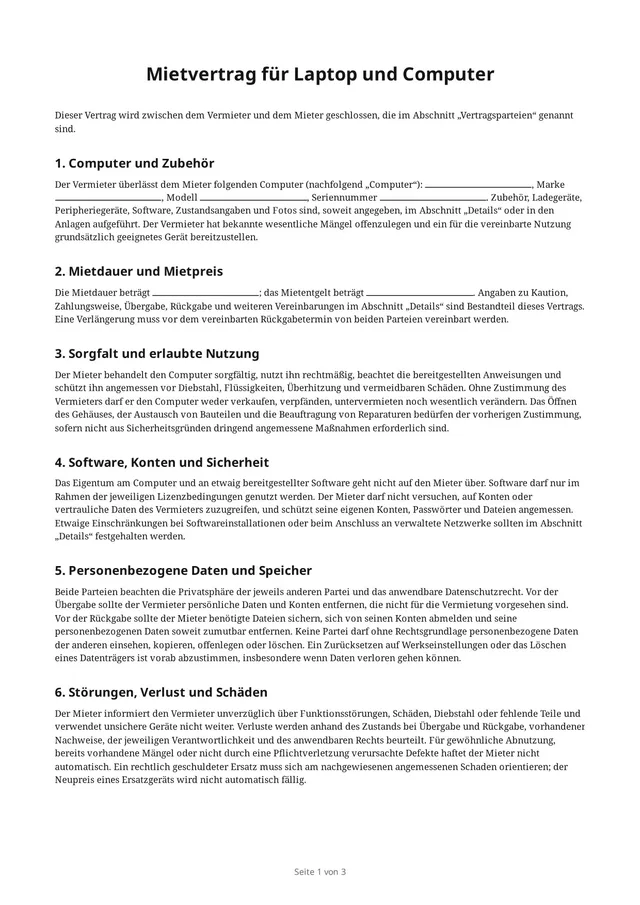 Erste Seite des leeren PDFs „Mietvertrag für Laptop und Computer“