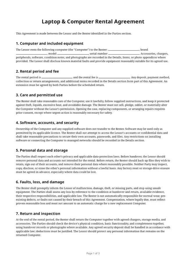 First page of the blank PDF “Laptop & Computer Rental Agreement”