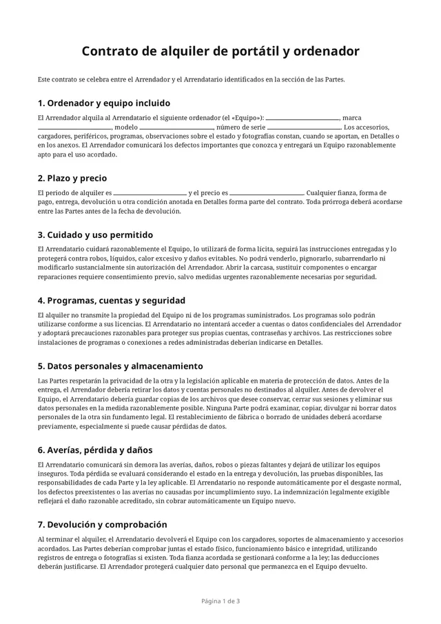 Primera página del PDF en blanco «Contrato de alquiler de portátil y ordenador»