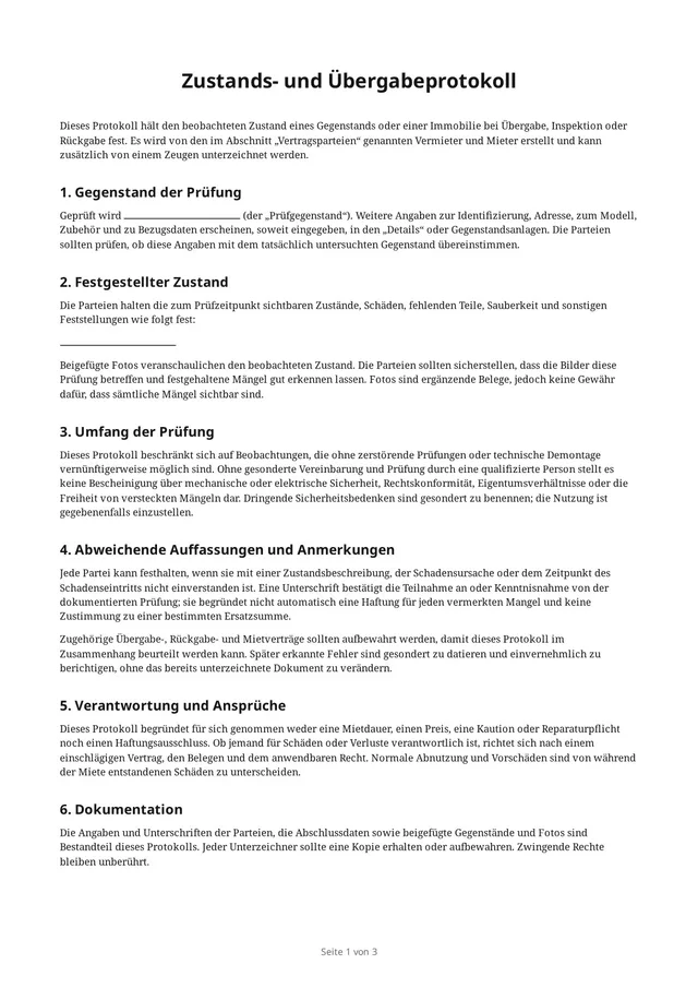 Erste Seite des leeren PDFs „Zustands- und Übergabeprotokoll“