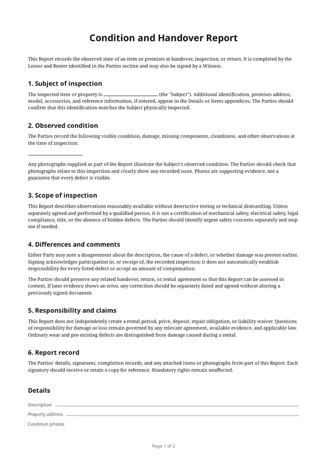 First page of the blank PDF “Condition and Handover Report”