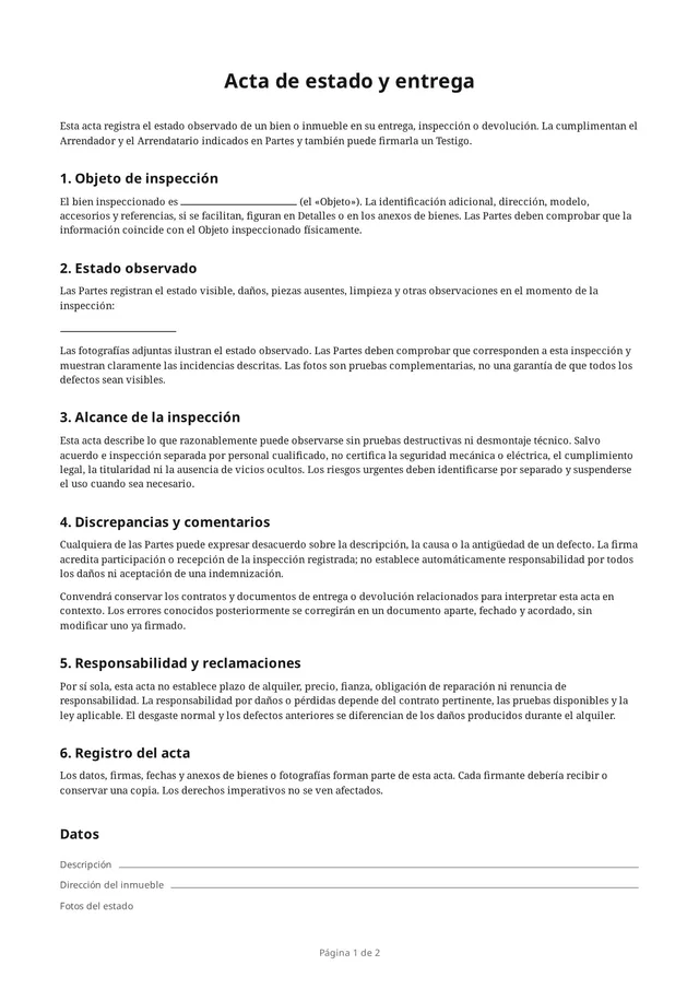 Primera página del PDF en blanco «Acta de estado y entrega»
