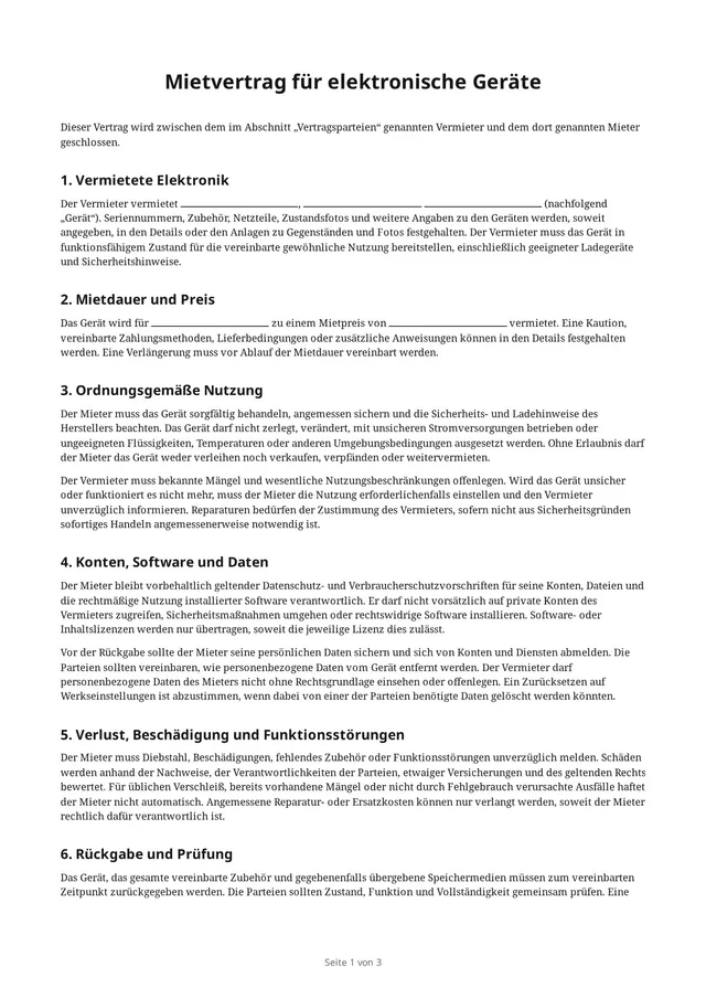 Erste Seite des leeren PDFs „Mietvertrag für elektronische Geräte“