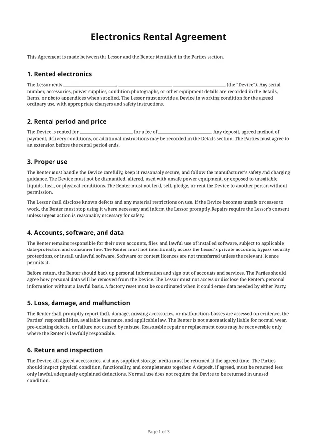 First page of the blank PDF “Electronics Rental Agreement”