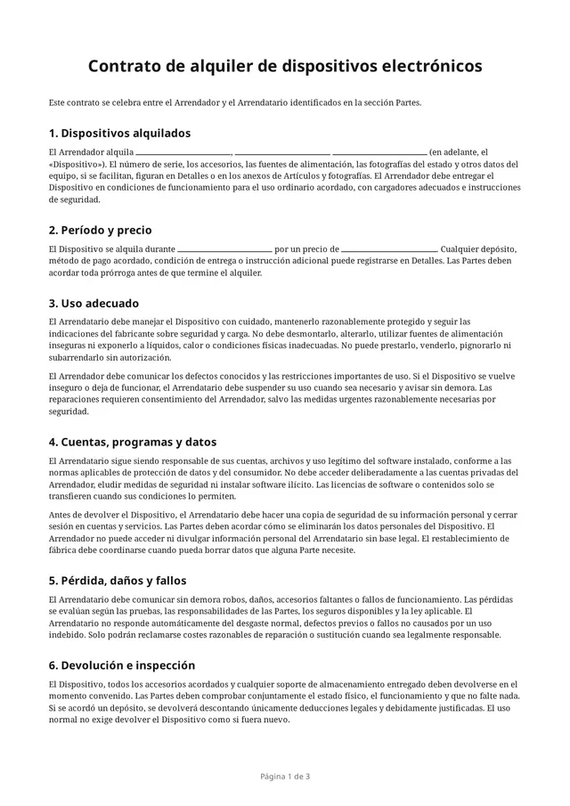 Primera página del PDF en blanco «Contrato de alquiler de dispositivos electrónicos»