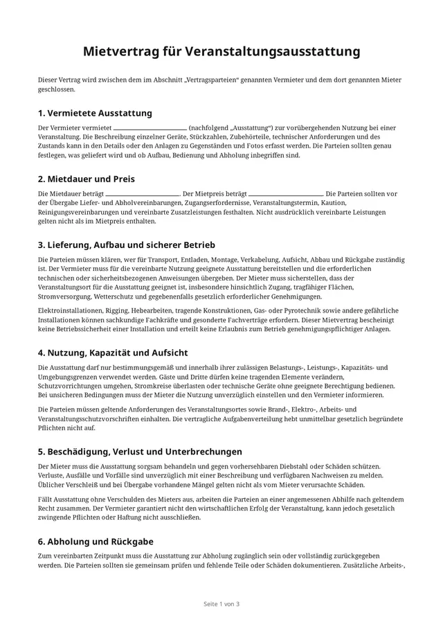 Erste Seite des leeren PDFs „Mietvertrag für Veranstaltungsausstattung“
