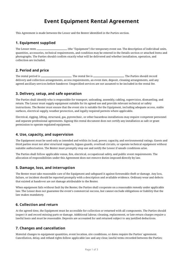 First page of the blank PDF “Event Equipment Rental Agreement”