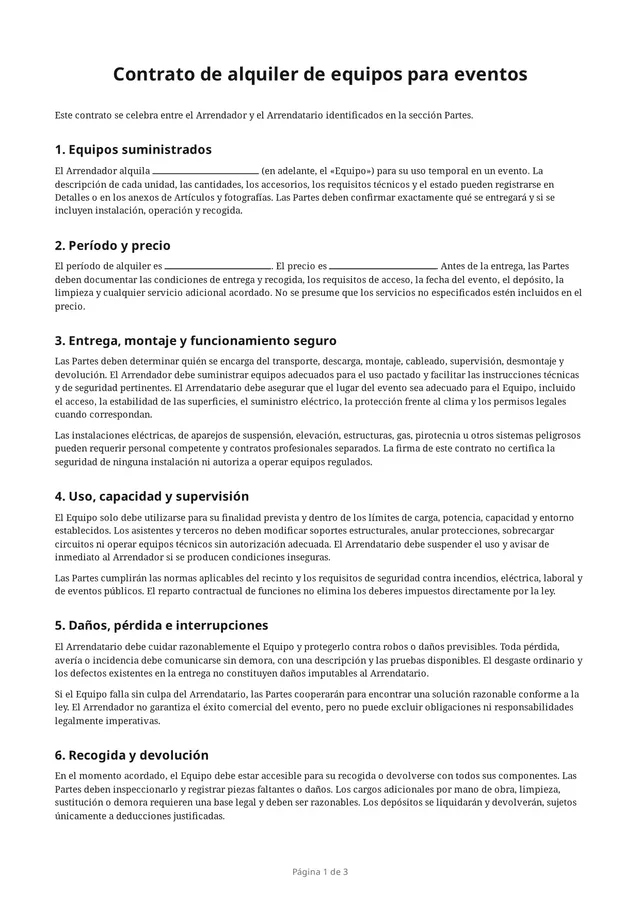 Primera página del PDF en blanco «Contrato de alquiler de equipos para eventos»