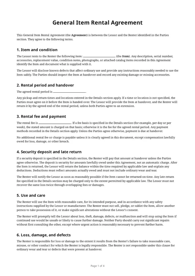 First page of the blank PDF “General Item Rental Agreement”
