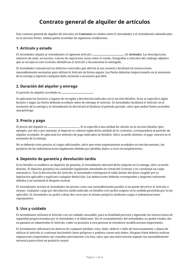 Primera página del PDF en blanco «Contrato general de alquiler de artículos»