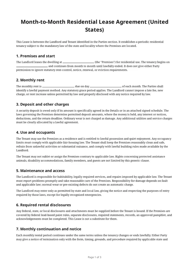Erste Seite des leeren PDFs „Month-to-Month Residential Lease Agreement (United States)“