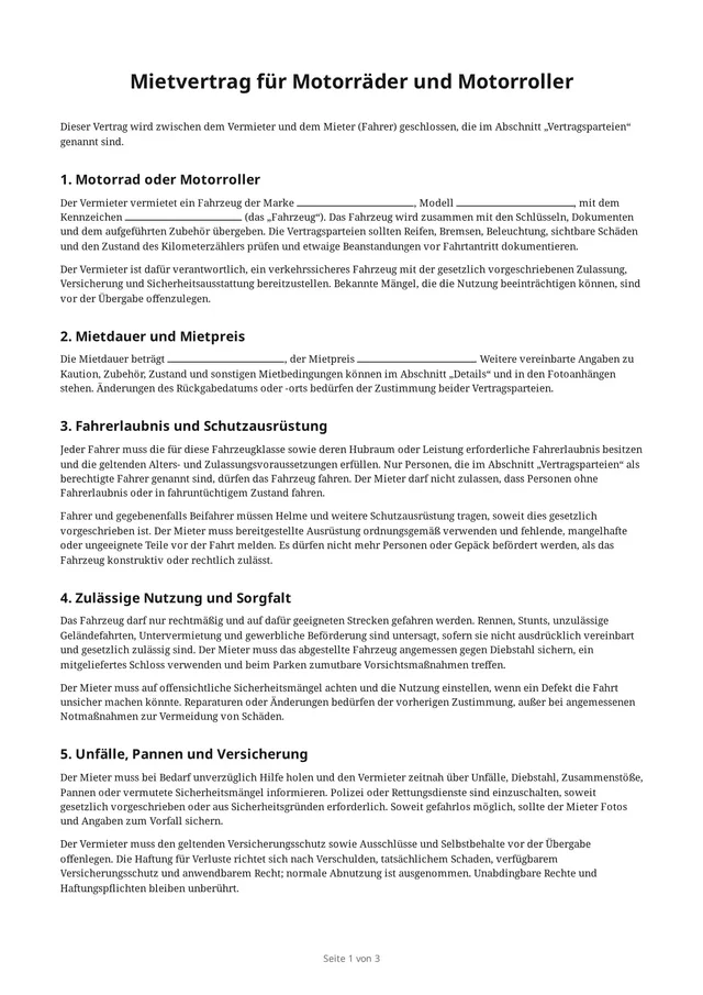 Erste Seite des leeren PDFs „Mietvertrag für Motorräder und Motorroller“