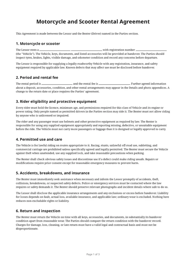 First page of the blank PDF “Motorcycle and Scooter Rental Agreement”