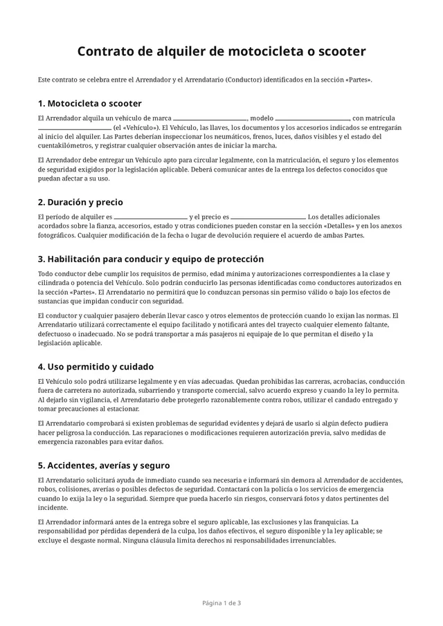 Primera página del PDF en blanco «Contrato de alquiler de motocicleta o scooter»