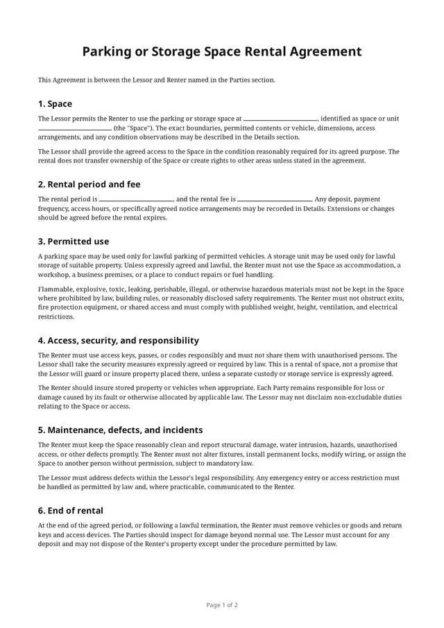 First page of the blank PDF “Parking or Storage Space Rental Agreement”
